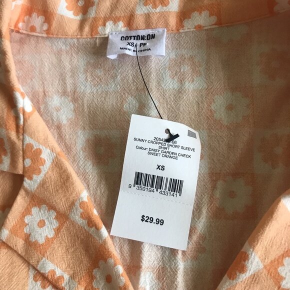 COTTON ON Sunny Daisy Garden Check Sweet Orange Button down Top Size XS - Picture 4 of 6
